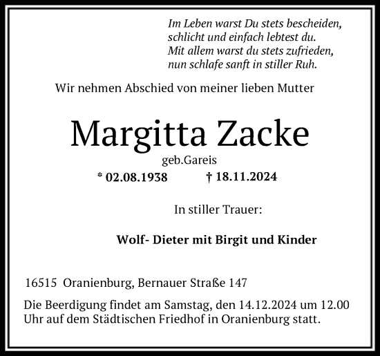 Traueranzeige von Margitta Zacke von HNA