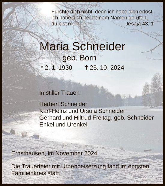 Traueranzeige von Maria Schneider von HNA