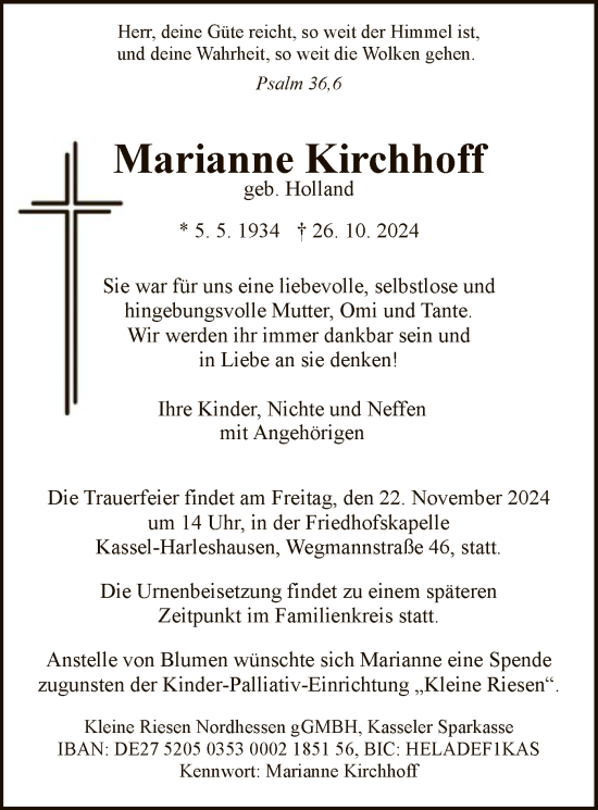 Traueranzeige von Marianne Kirchhoff von HNA