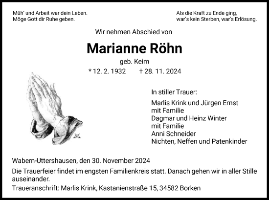 Traueranzeige von Marianne Röhn von HNA