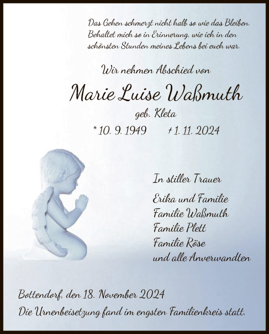 Traueranzeige von Marie Luise Waßmuth von HNA