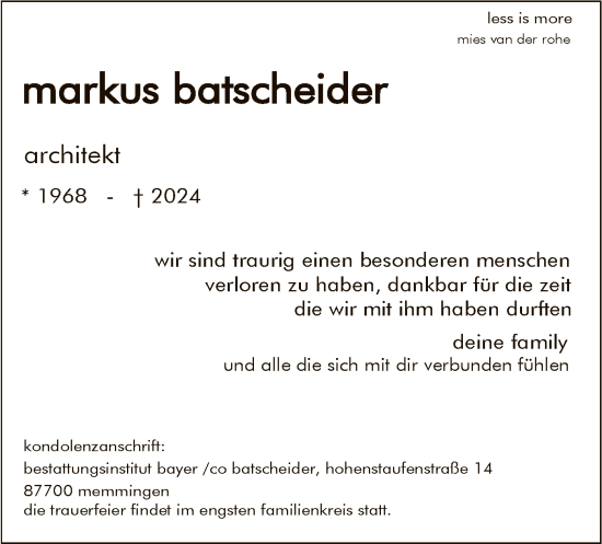 Traueranzeige von Markus Batscheider von HNA