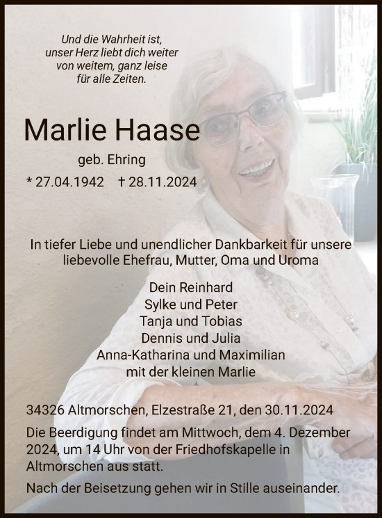 Traueranzeige von Marlie Haase von HNA