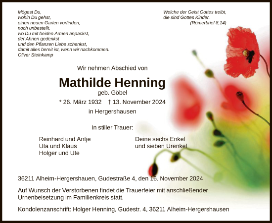 Traueranzeige von Mathilde Henning von HNA