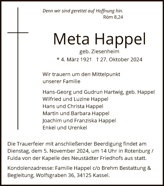 Traueranzeige von Meta Happel von HNA