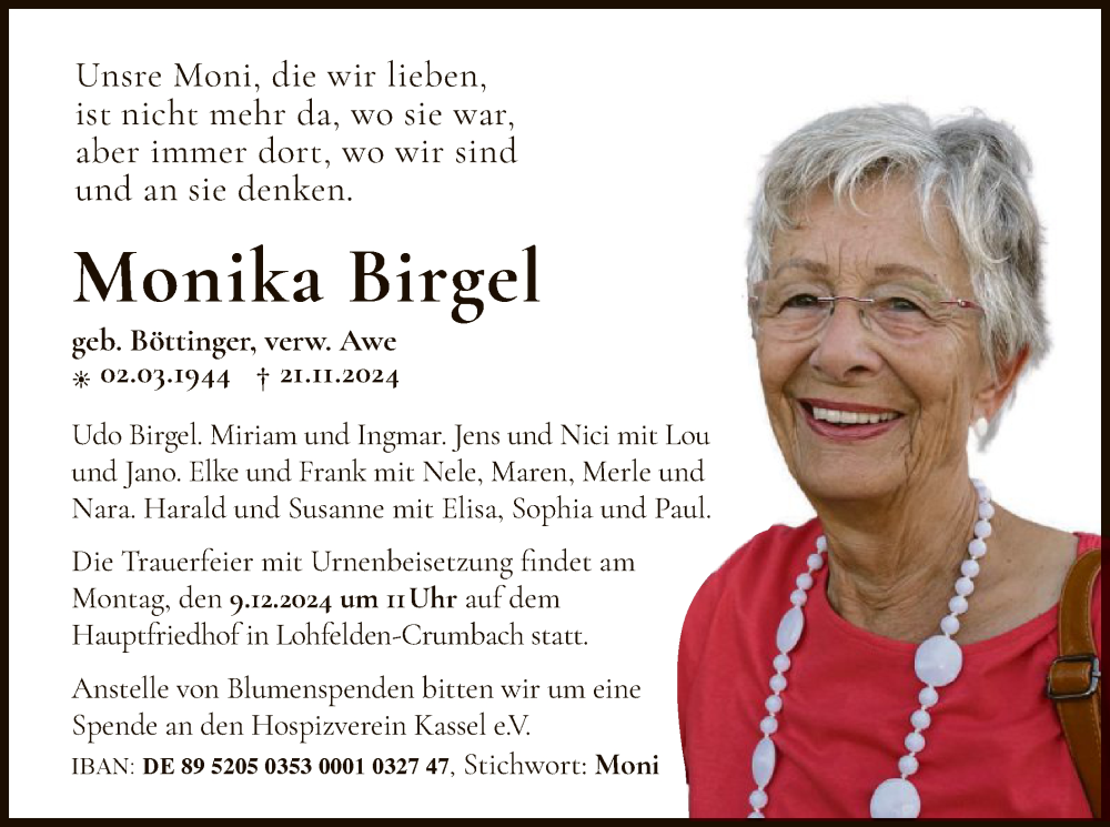 Traueranzeige für Monika Birgel vom 30.11.2024 aus HNA