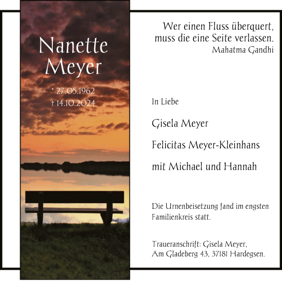 Traueranzeige von Nanette Meyer von HNA