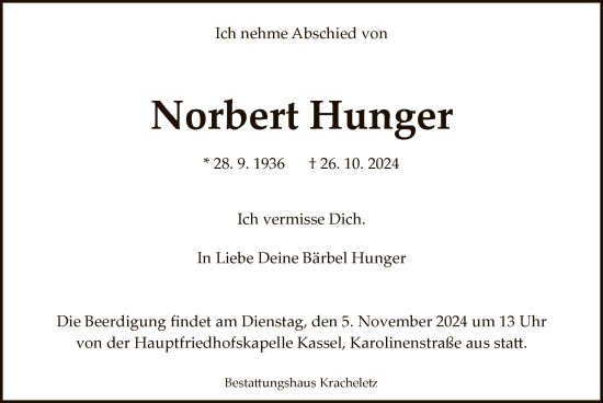 Traueranzeige von Norbert Hunger von HNA