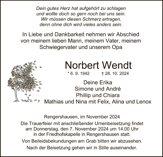 Traueranzeige von Norbert Wendt von HNA