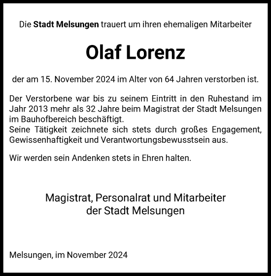 Traueranzeige von Olaf Lorenz von HNA