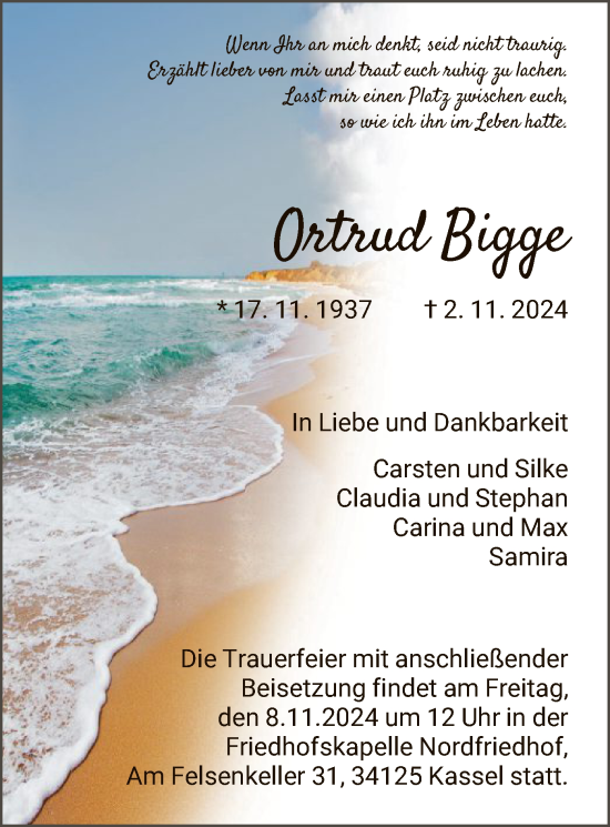 Traueranzeige von Ortrud Bigge von HNAHNA