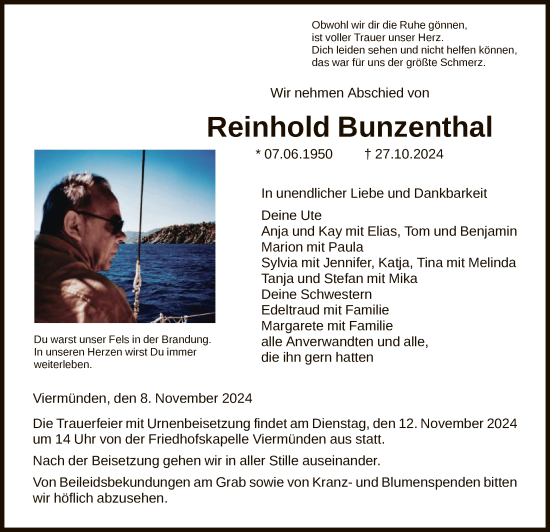 Traueranzeige von Reinhold Bunzenthal von HNA