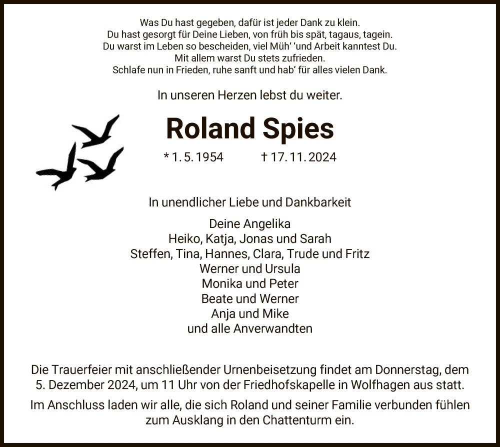  Traueranzeige für Roland Spies vom 30.11.2024 aus HNA