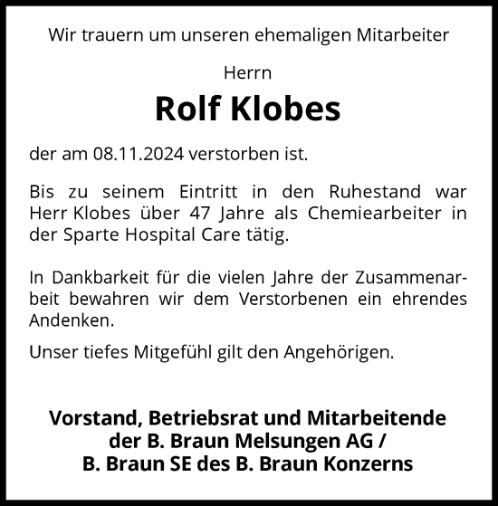 Traueranzeige von Rolf Klobes von HNA