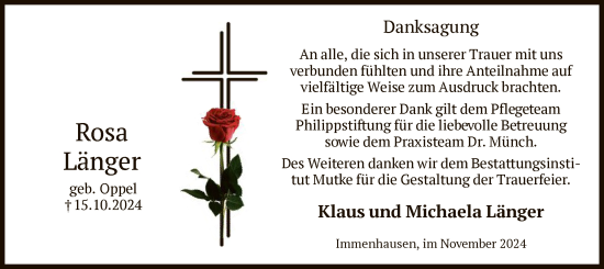 Traueranzeige von Rosa Länger von HNA