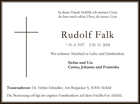 Traueranzeige von Rudolf Falk von HNA