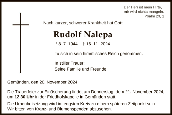 Traueranzeige von Rudolf Nalepa von HNA