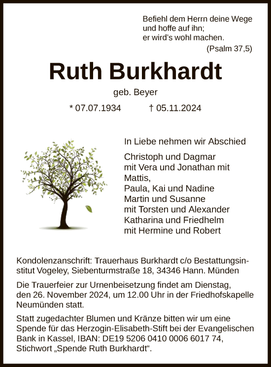 Traueranzeige von Ruth Burkhardt von HNA