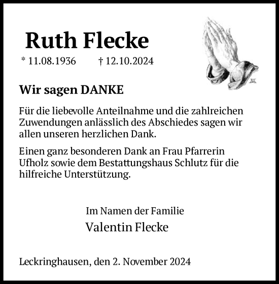 Traueranzeige von Ruth Flecke von HNA