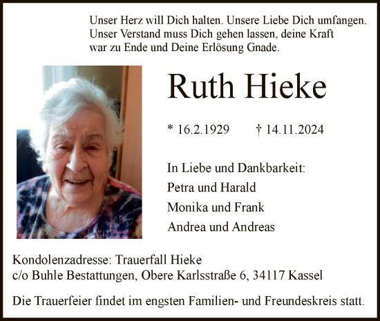 Traueranzeige von Ruth Hieke von HNA