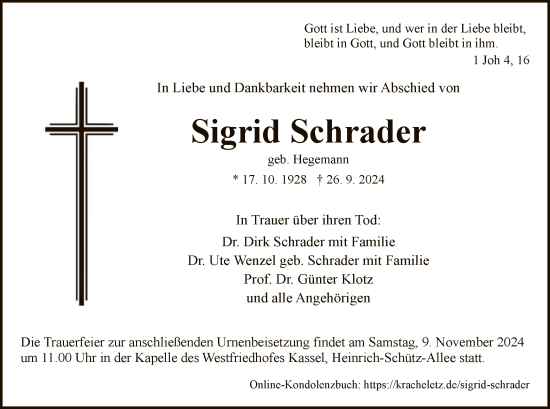 Traueranzeige von Sigrid Schrader von HNA