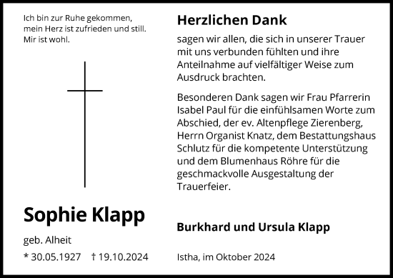 Traueranzeige von Sophie Klapp von HNA