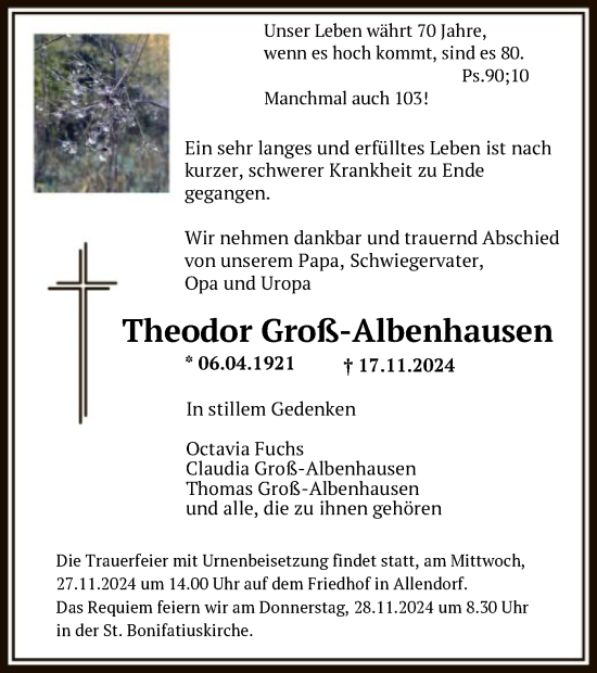 Traueranzeige von Theodor Groß-Albenhausen von HNA