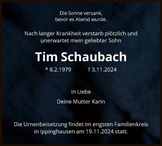 Traueranzeige von Tim Schaubach von HNA