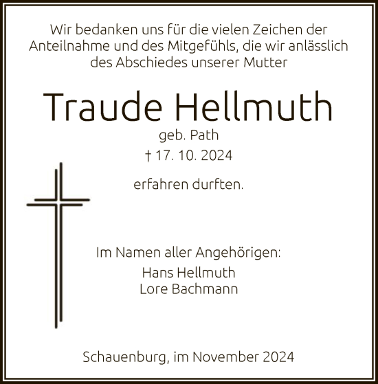 Traueranzeige von Traude Hellmuth von HNA