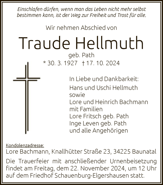 Traueranzeige von Traude Hellmuth von HNA