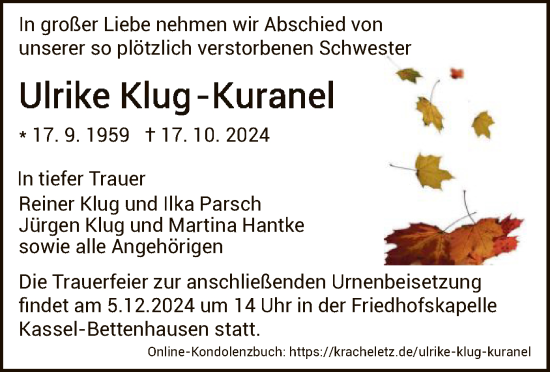 Traueranzeige von Ulrike Klug-Kuranel von HNA
