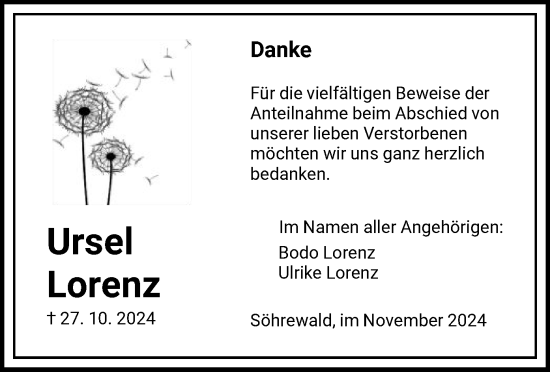 Traueranzeige von Ursel Lorenz von HNA