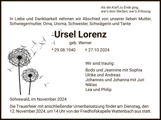 Traueranzeige von Ursel Lorenz von HNA