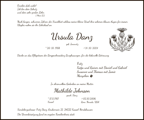 Traueranzeige von Ursula Danz von HNA