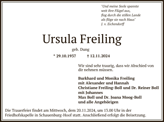 Traueranzeige von Ursula Freiling von HNA