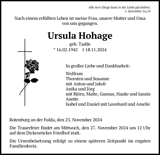 Traueranzeige von Ursula Hohage von HNA
