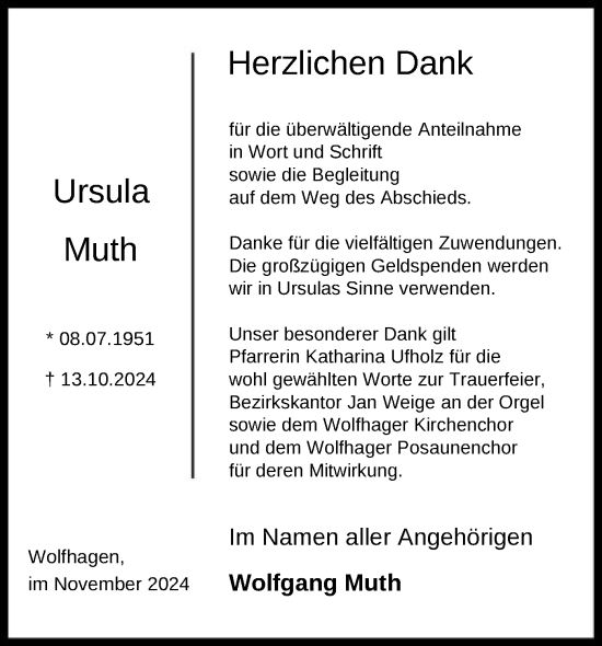 Traueranzeige von Ursula Muth von HNA