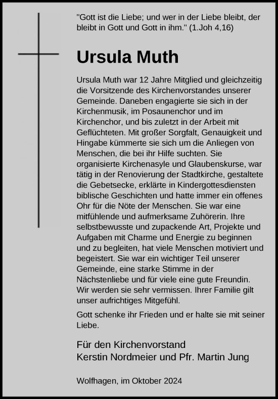 Traueranzeige von Ursula Muth von HNA