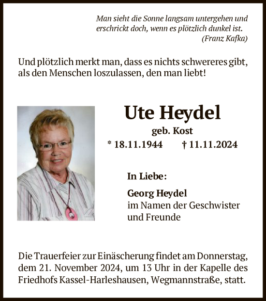 Traueranzeige von Ute Heydel von HNA