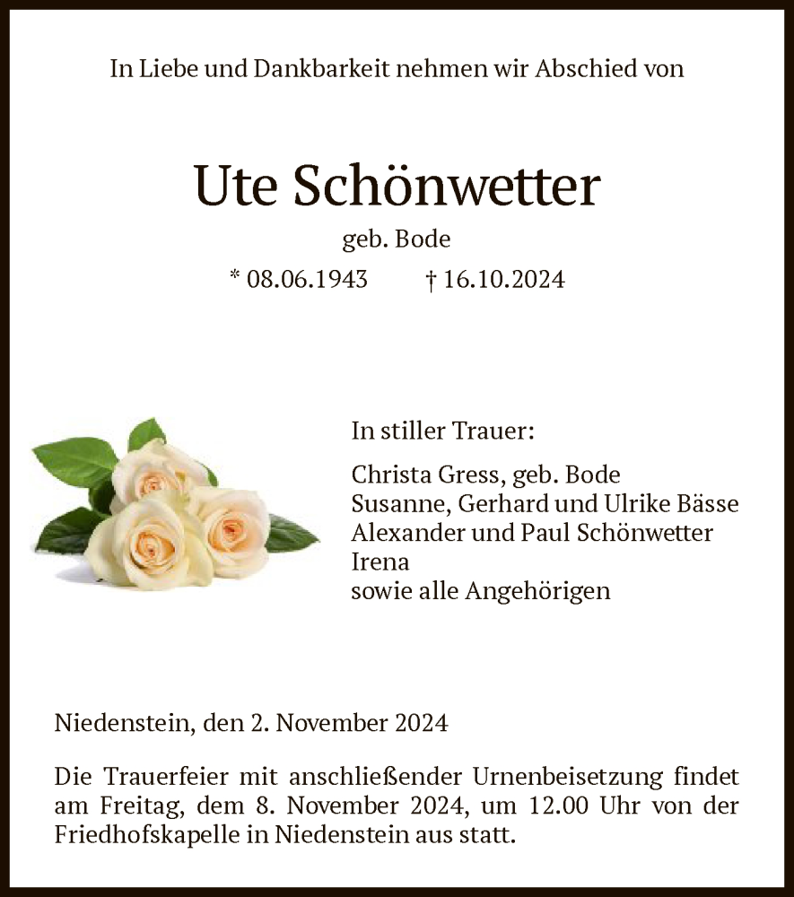  Traueranzeige für Ute Schönwetter vom 02.11.2024 aus HNAHNA