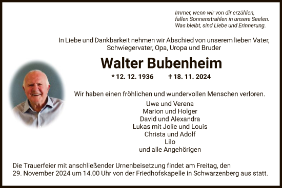 Traueranzeige von Walter Bubenheim von HNA