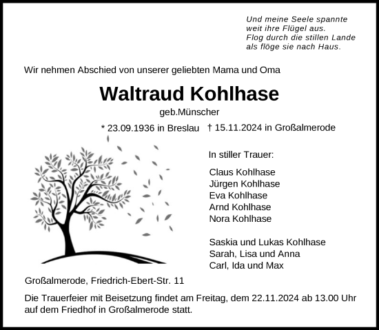 Traueranzeige von Waltraud Kohlhase von HNA