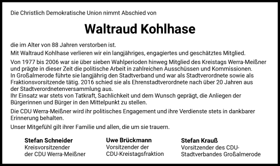 Traueranzeige von Waltraud Kohlhase von HNA