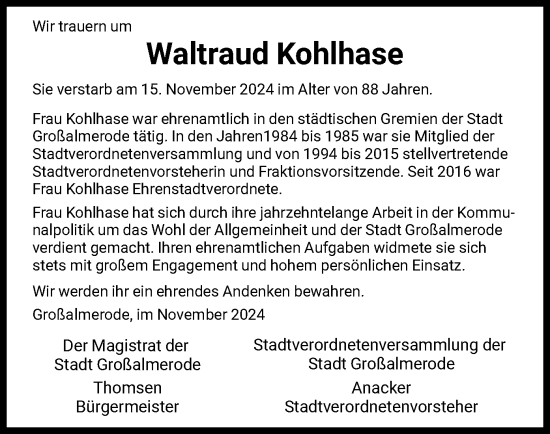 Traueranzeige von Waltraud Kohlhase von HNA