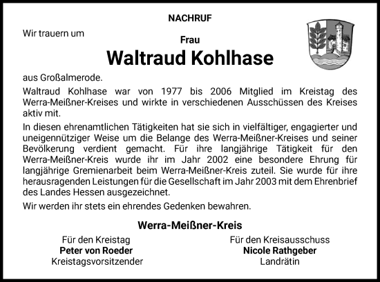 Traueranzeige von Waltraud Kohlhase von WRSHNA