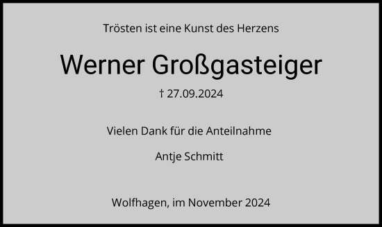 Traueranzeige von Werner  Großgasteiger von HNA