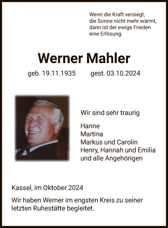 Traueranzeige von Werner Mahler von HNA