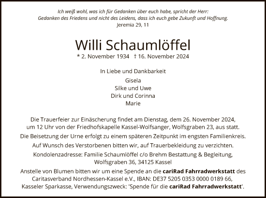 Traueranzeige von Willi Schaumlöffel von HNA