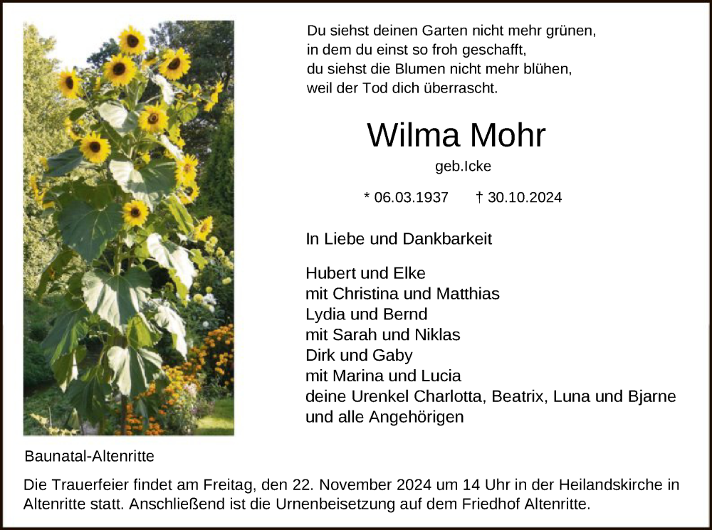  Traueranzeige für Wilma Mohr vom 16.11.2024 aus HNAHNA