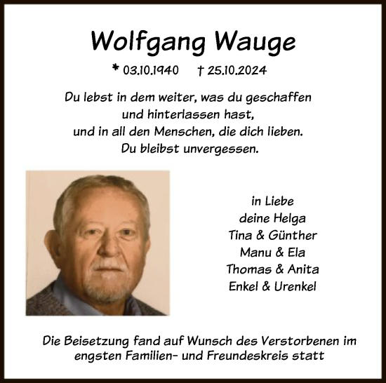 Traueranzeige von Wolfgang Wauge von HNA